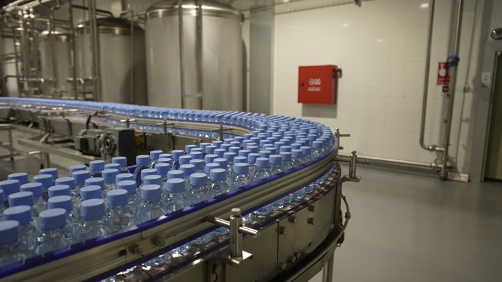 خط إنتاج زجاجات مياه في مصنع، لقطة داخلية.
