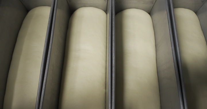 عجين يتخمر في صواني معدنية، لقطة علوية.