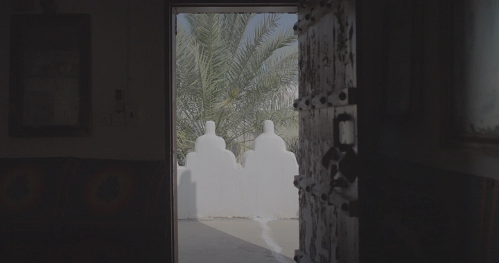 باب مفتوح يطل على فناء مع نخيل، إضاءة طبيعية.