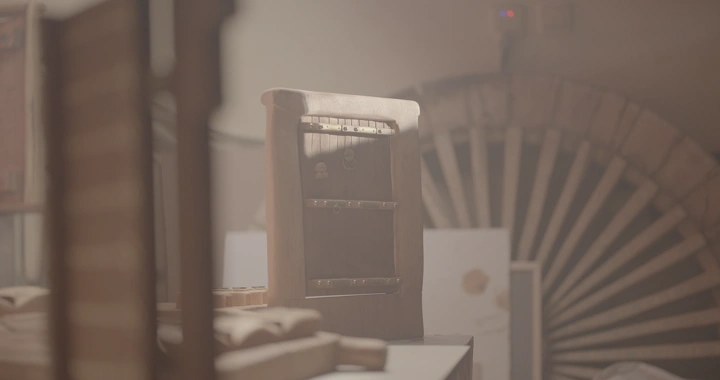 ورشة تصنيع أبواب خشبية، إضاءة ناعمة، لقطة داخلية.