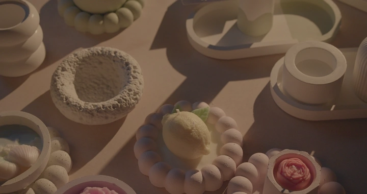 قطع شمع وجبس يدوية على طاولة، إضاءة طبيعية.