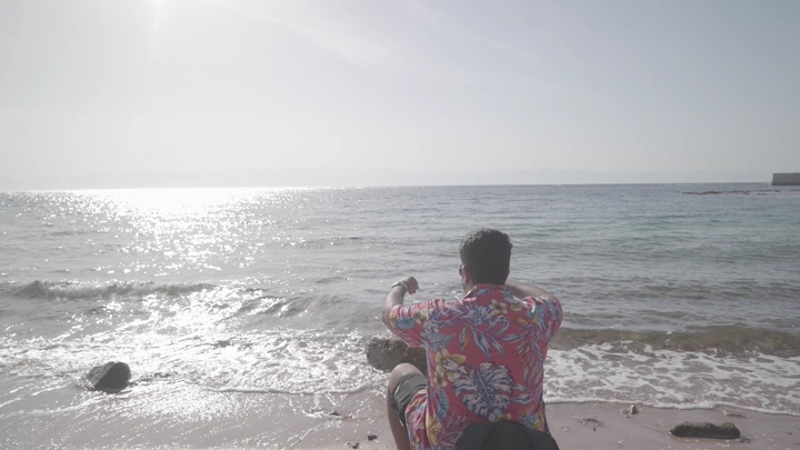 رجل يجلس على الشاطئ في الصباح، لقطة من الخلف.