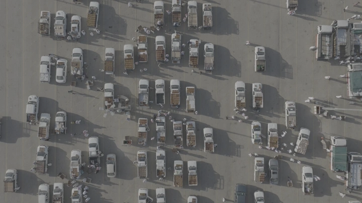 شاحنات مصطفة في سوق التمر بالقصيم، لقطة جوية.