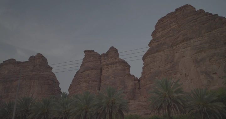 جبال العلا مع أشجار النخيل في المقدمة، لقطة من الأرض.