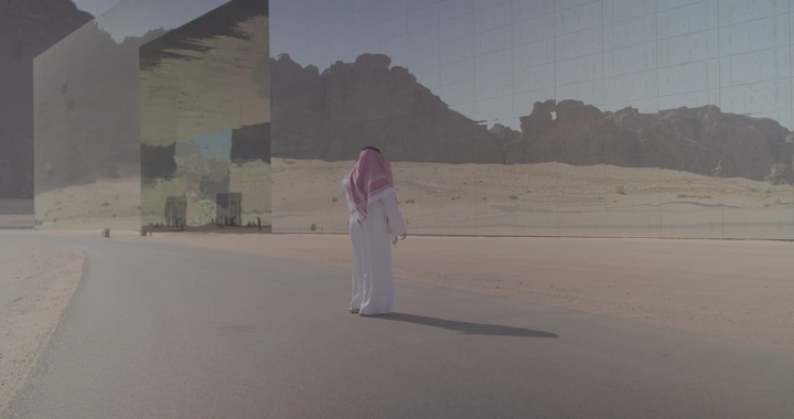 شخص أمام قاعة مرايا العلا، لقطة تدور حول الشخص.