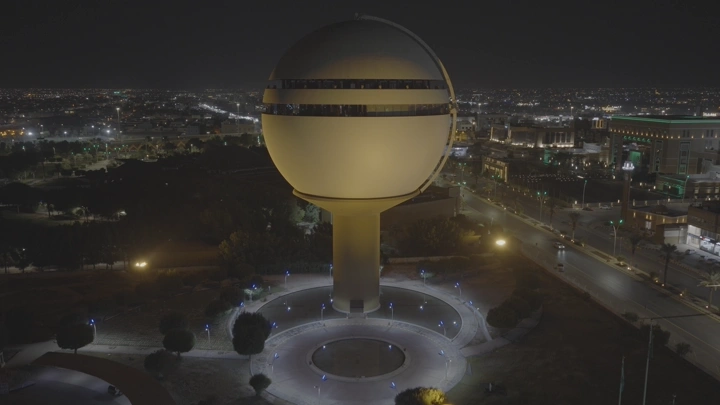 Buraidah Water Tower in Al-Qassim, an aerial night shot.