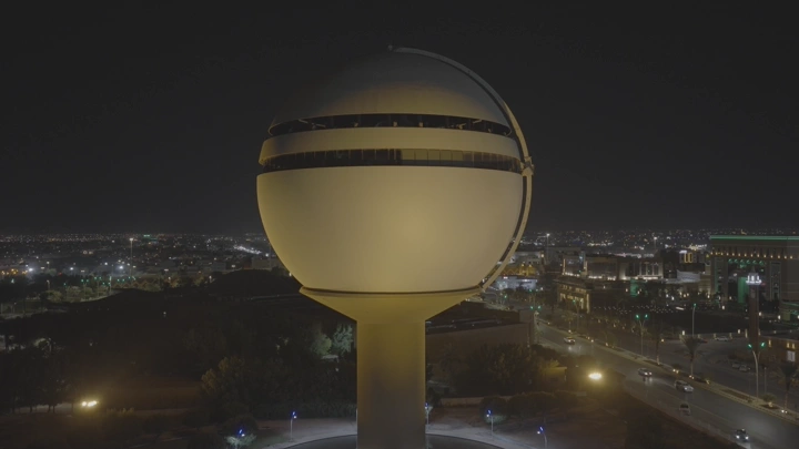 Buraidah Water Tower at night, aerial shot.
