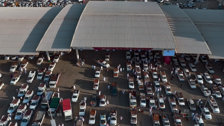 سوق تمور مزدحم في بريدة، القصيم، لقطة جوية.