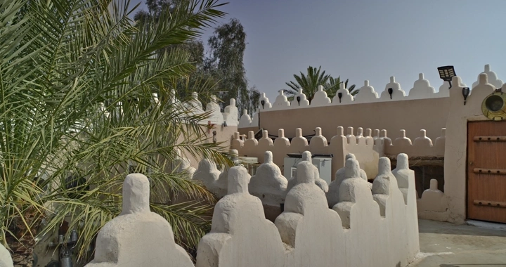 رجل يمشي في بيت طيني تقليدي مع نخيل في يوم مشمس، لقطة أرضية.