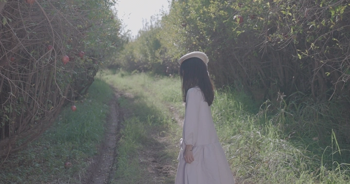 فتاة تسير في مزرعة رمان نهاراً، لقطة من الخلف.