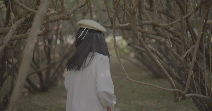 طفلة تسير في مزرعة تحت الأشجار، لقطة خلفية.