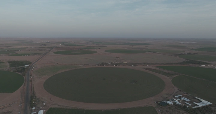 مزارع دائرية في منطقة مفتوحة، لقطة جوية.