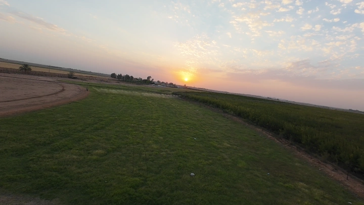 مزرعة خضراء عند غروب الشمس، صورة جوية.