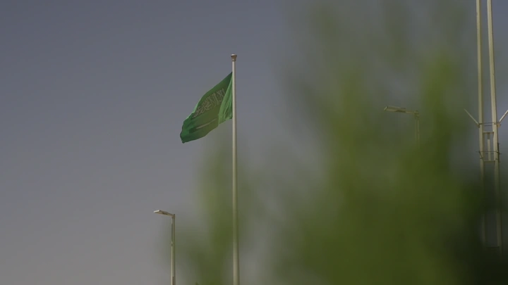 علم أخضر على سارية في يوم صافٍ، لقطة من الأسفل.