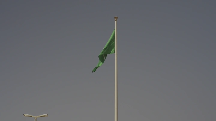 علم السعودية على سارية في سماء صافية، لقطة من الأسفل.