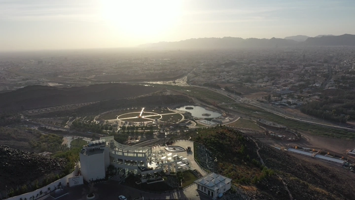 Al Samraa Park in the mountains at sunset, aerial shot.