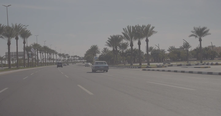 طريق واسع مع أشجار نخيل وسيارة كلاسيك في حائل، لقطة نهارية.