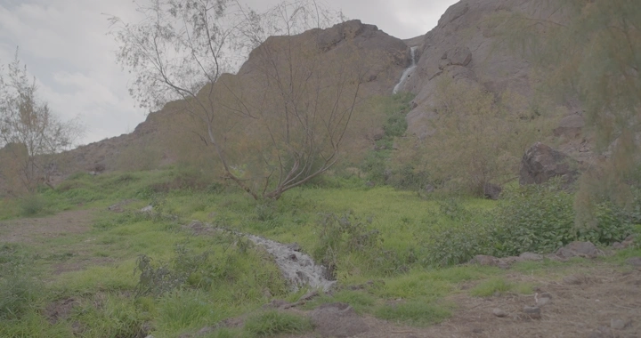 شلال صغير في منطقة جبلية، لقطة طبيعية.