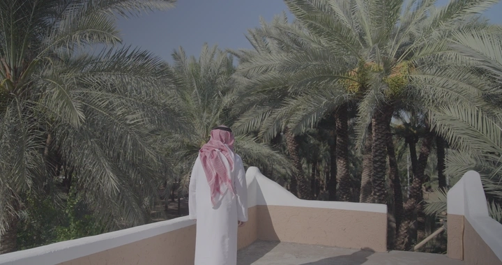 رجل يرتدي الزي السعودي يقف أمام نخيل في النهار، لقطة طبيعية.
