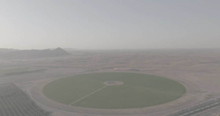 مزرعة دائرية تحيطها عدة مزارع، لقطة جوية.