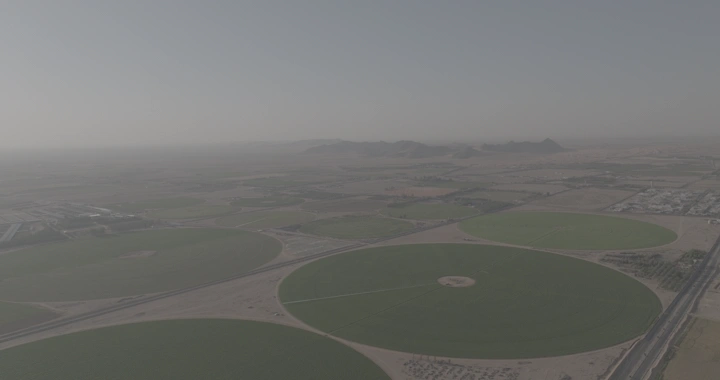 مزارع دائرية في الصحراء، لقطة جوية.