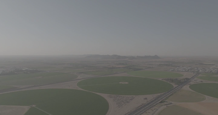 حقول زراعية دائرية في الصحراء، لقطة جوية.