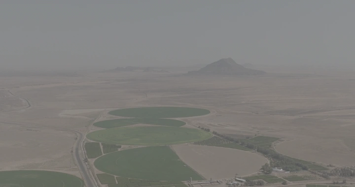 حقول زراعية دائرية في الصحراء، لقطة جوية.