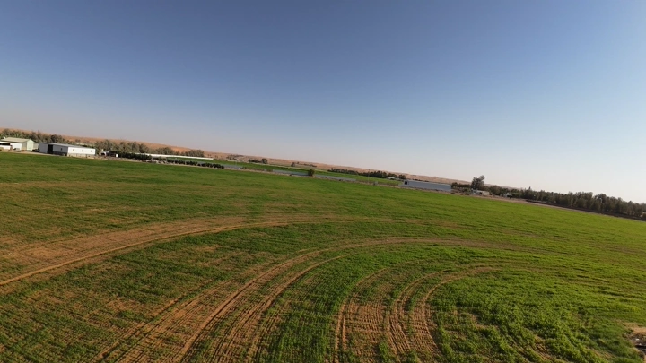 حقل أخضر في مزرعة واسعة مع جرار يحرث الأرض تحت سماء زرقاء، لقطة جوية.