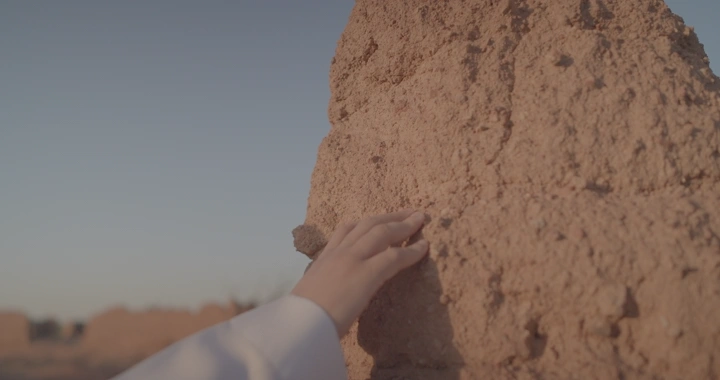 يد تلمس جدار طيني في الصحراء، لقطة قريبة.