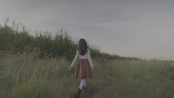 فتاة تركض في حقل عشبي عند الغروب، لقطة خلفية.