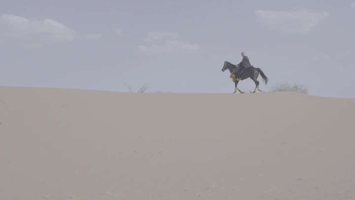 فارس على حصان في صحراء النفود، لقطة بعيدة.