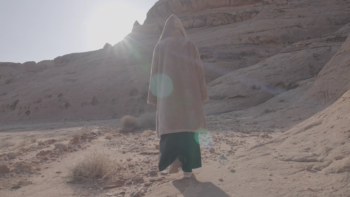 فتاة تمشي باتجاه الجبل في الصحراء، لقطة من الخلف.