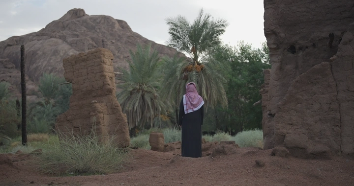 شخص يقف بين بقايا بيت طيني ونخيل، لقطة طبيعية.