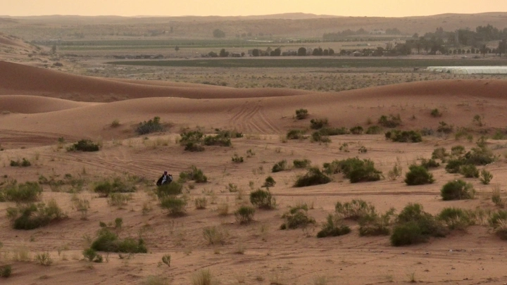 فارس يمتطي حصانًا في صحراء النفود، لقطة جوية.