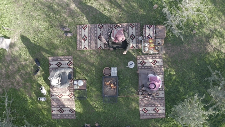 جلسة كشته في حديقة خضراء، تصوير جوي.