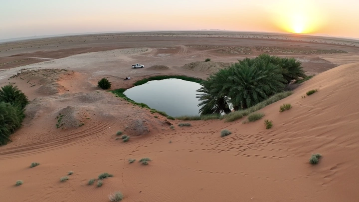 بحيرة برودان الرياض محاطة بالنخيل عند غروب الشمس، لقطة جوية.