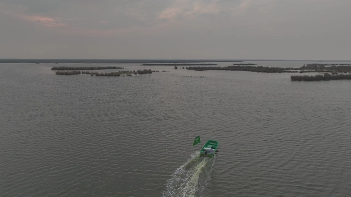 قارب يحمل علم السعودية في بحيرة الأصفر بالأحساء، لقطة جوية.