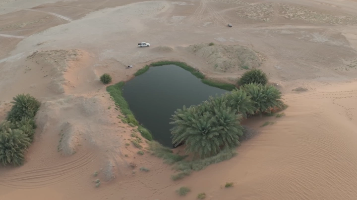 بحيرة صغيرة محاطة بالنخيل في الصحراء، لقطة جوية.
