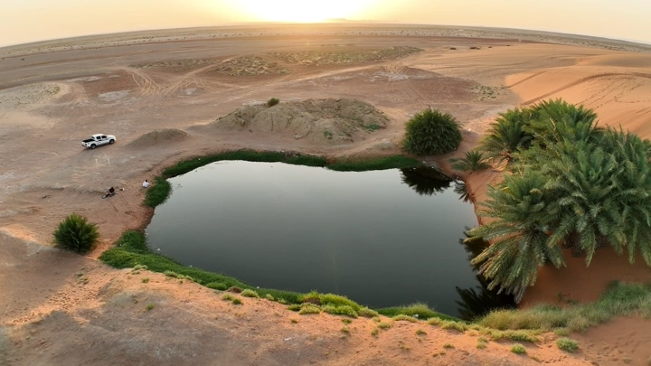 بحيرة برودان في الصحراء عند الغروب، لقطة جوية.
