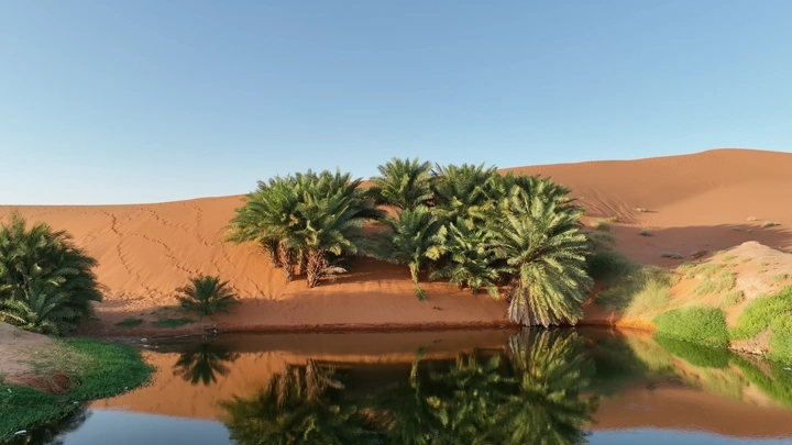 بحيرة محاطة بأشجار النخيل في الصحراء، لقطة نهارية.