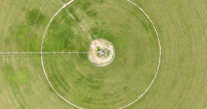 نظام ري دائري في حقل زراعي، لقطة جوية.