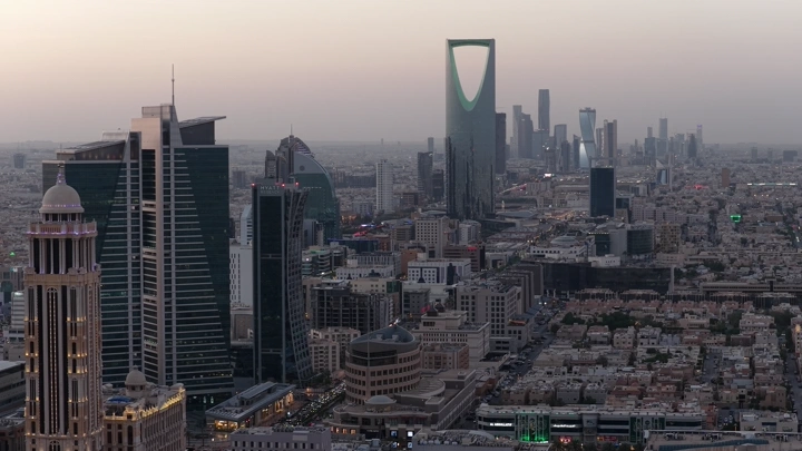 Riyadh Towers in the evening, aerial shot.
