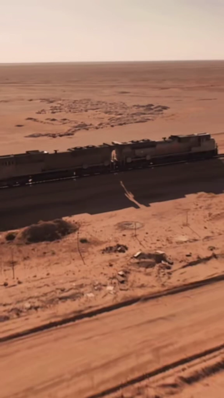 قطار يعبر الصحراء مع ظهور مراوح التوربينات، لقطة جوية fpv.